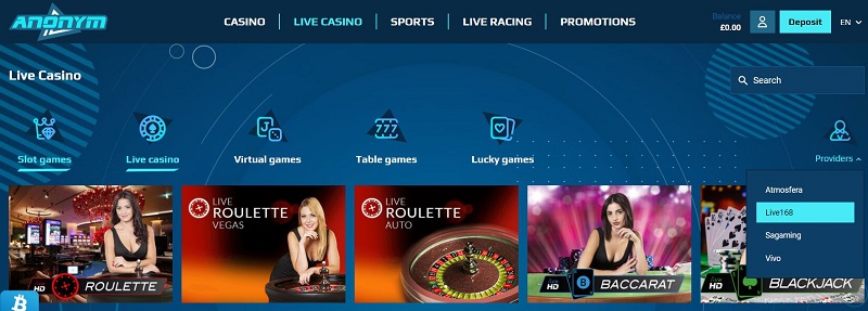 live168 games at Anonym bet casino