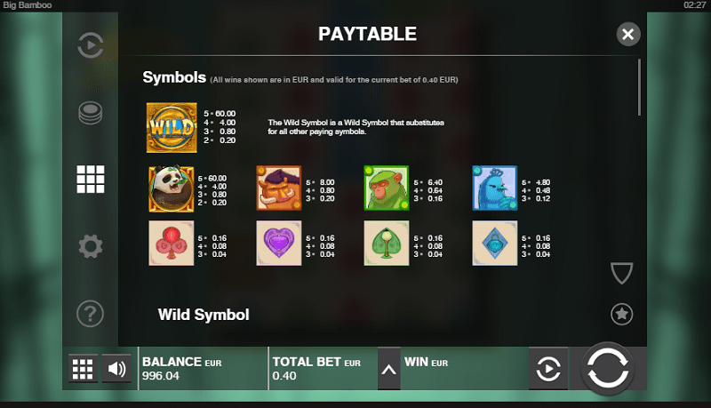 Big Bamboo paytable