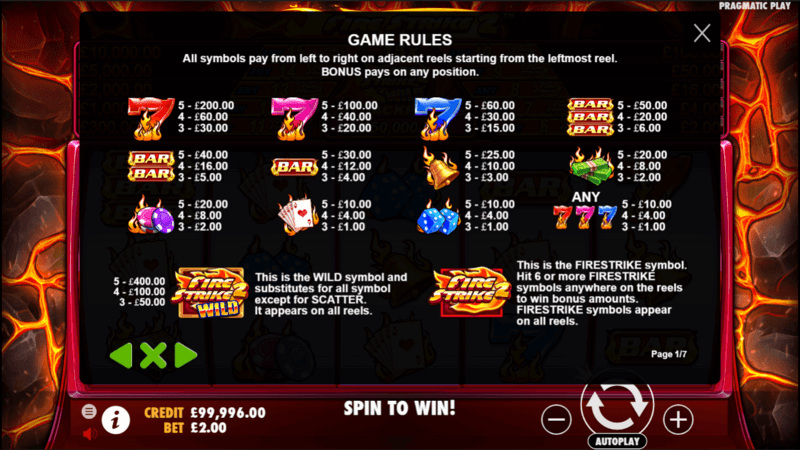 Fire Strike 2 paytable