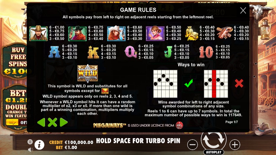 Wild West Gold Megaways Payouts