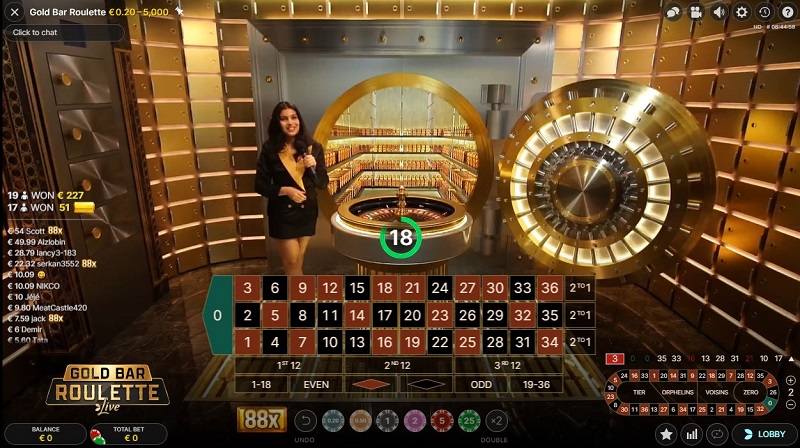 Gold Bar Roulette Live layout