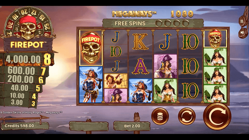 8 Golden Skulls of Holly Roger Megaways Firepot by Buck Stakes