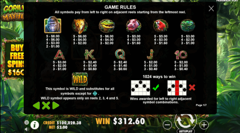 Gorilla Mayhem paytable