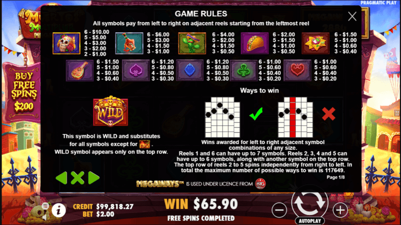 Muertos Multiplier Megaways pay table