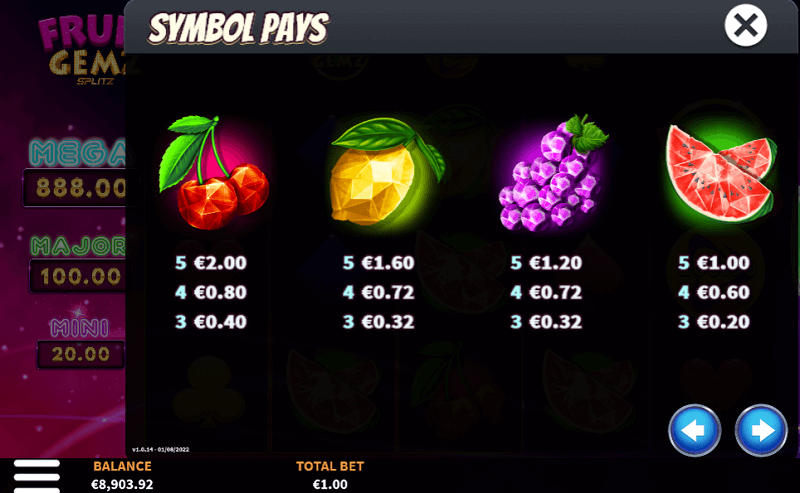 Fruit Gemz Splitz slot pay table