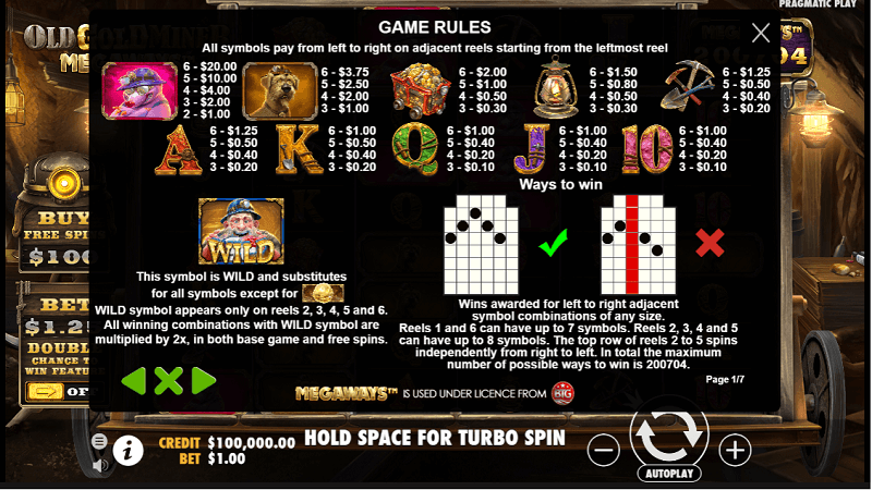 Old Gold Miner Megaways slot paytable
