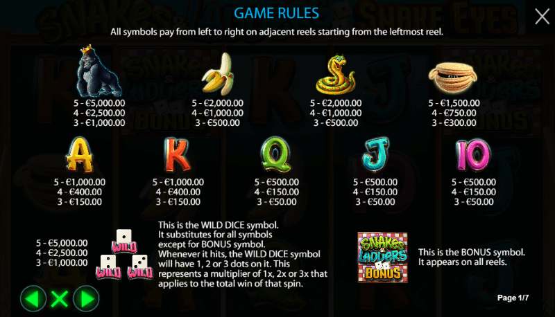 Snakes & Ladders Snake Eyes slot paytable