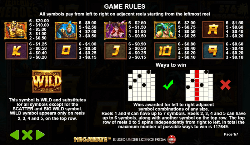 Legend of Heroes Megaways slot pay table