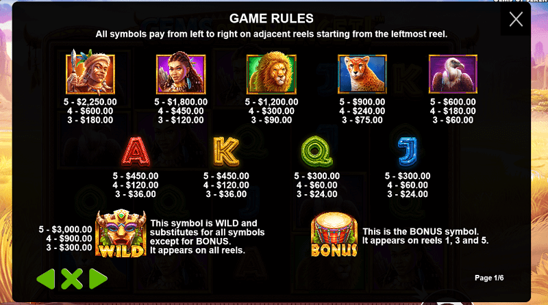 Gems of Serengeti slot pay table