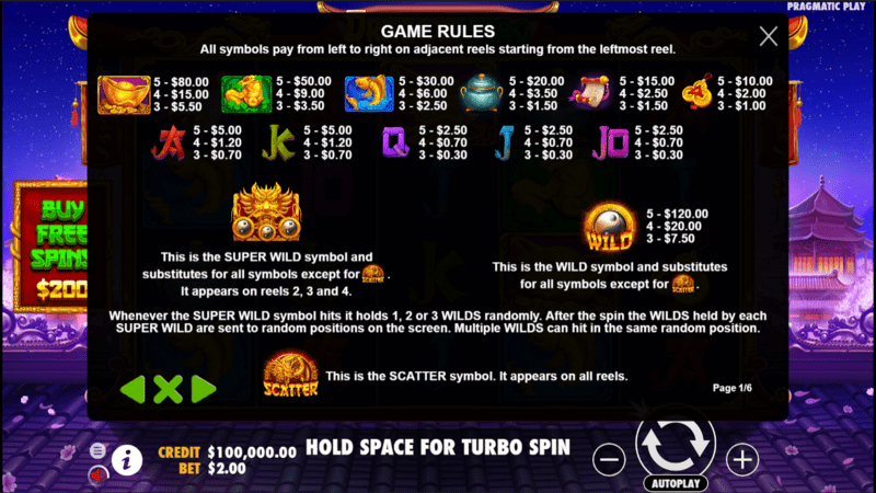 Dragon Hero slot pay table